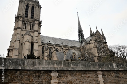 Paris, France - famous Notre Dame cathedral facade saint statues. UNESCO World Heritage Site