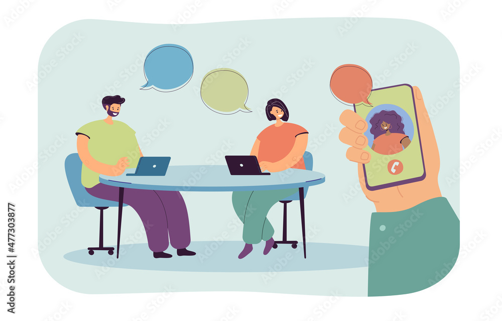 Office workers talking to colleague or customer over phone. Hand holding smartphone with woman on screen flat vector illustration. Teamwork, communication, support concept for banner, landing web page Office workers talking to colleague or customer over phone. Hand holding smartphone with woman on screen flat vector illustration. Teamwork, communication, support concept for banner, landing web page