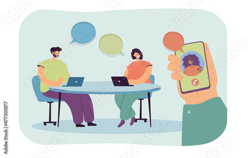Office workers talking to colleague or customer over phone. Hand holding smartphone with woman on screen flat vector illustration. Teamwork, communication, support concept for banner, landing web page
