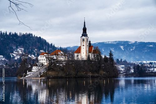 Lake Bled and Bled Island in winter, slovenia
