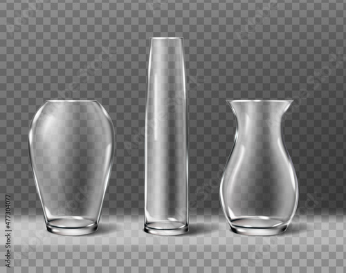 3d realistic icon collection. Isolated. Set of different sizez and shapes of glass vases for flowers.