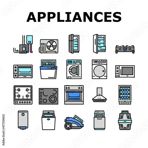 Appliances Domestic Equipment Icons Set Vector. Washer And Dryer Machine, Refrigerator And Freezer, Air Conditioner And Cooling, Microwave And Ice Maker Electronic Appliances Line. Color Illustrations