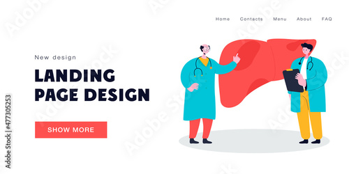 Two doctors discussing liver disease vector illustration. Senior professor expalining symptoms to young intern. Medicine, sickness concept for website design, landing page