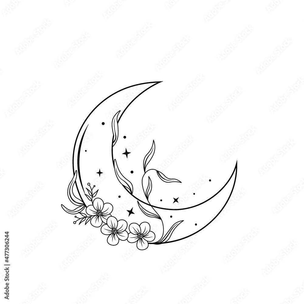 Monochrome boho moon and flowers with leaves. Mystical vector illustration  isolated on white background. Outline art with crescent moon. Floral magic  line art for esoteric logo, print, tattoo concept. Stock Vector
