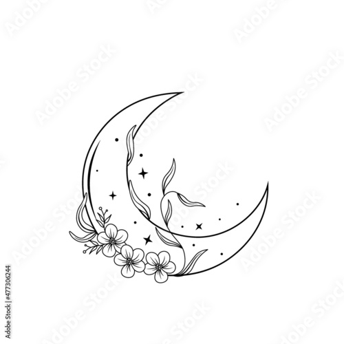 Monochrome boho moon and flowers with leaves. Mystical vector illustration isolated on white background. Outline art with crescent moon. Floral magic line art for esoteric logo, print, tattoo concept.