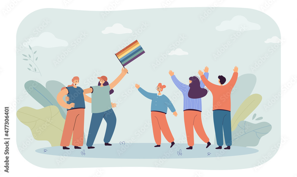 People cheering for lesbian couple with rainbow flag. Cartoon characters supporting homosexual girls flat vector illustration. LGBT community, pride month, love concept for banner or landing web page