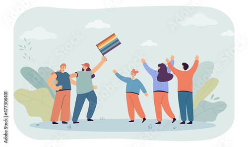 People cheering for lesbian couple with rainbow flag. Cartoon characters supporting homosexual girls flat vector illustration. LGBT community, pride month, love concept for banner or landing web page