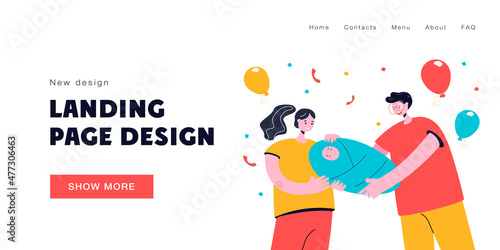 Father and mother holding baby vector illustration. Young parents adoring child, welcoming newborn baby to family. Cute loving family concept for banner, website design, landing web page