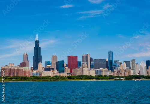 Chicago, Illinois, USA downtown skyline from lake Michigan, Chicago downtown skyline at dusk, 