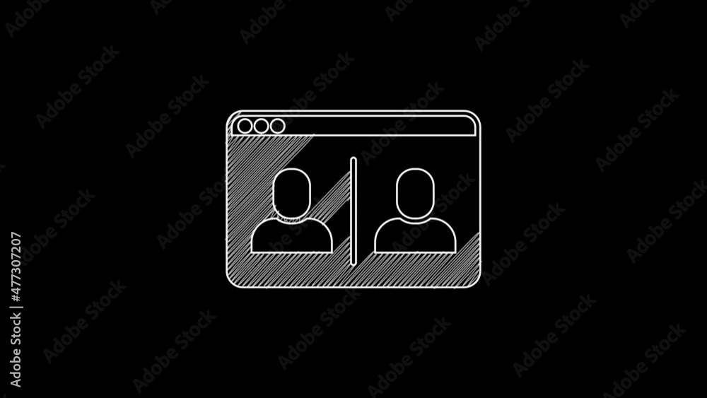 White line Video chat conference icon isolated on black background. Online meeting work form home. Remote project management. 4K Video motion graphic animation
