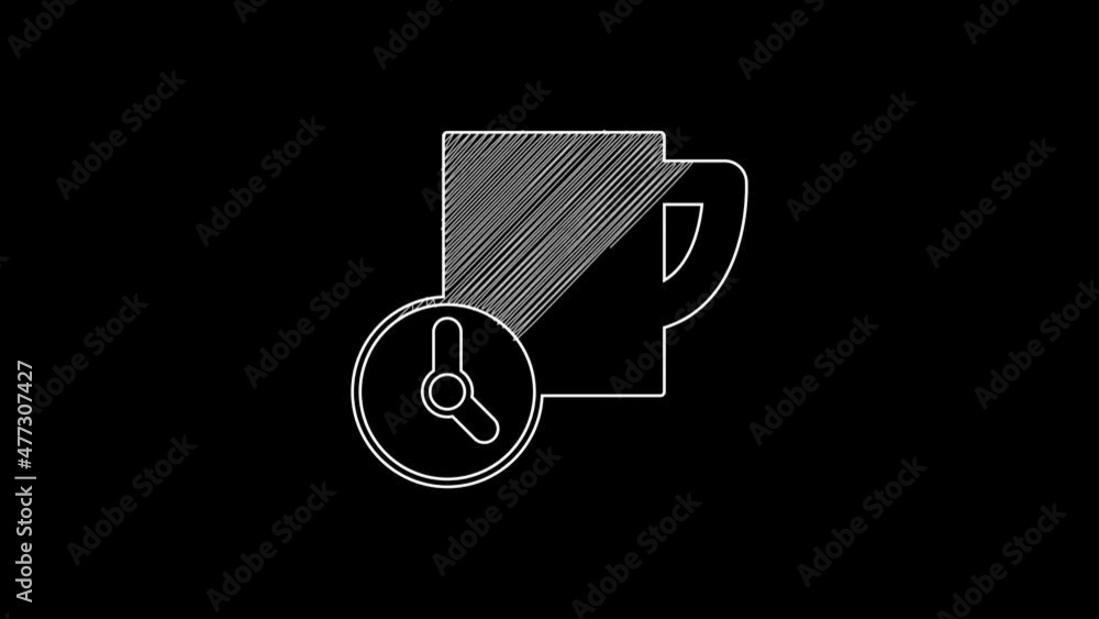 White line Time management icon isolated on black background. Clock and coffee cup sign. Productivity symbol. 4K Video motion graphic animation White line Time management icon isolated on black background. Clock and coffee cup sign. Productivity symbol. 4K Video motion graphic animation