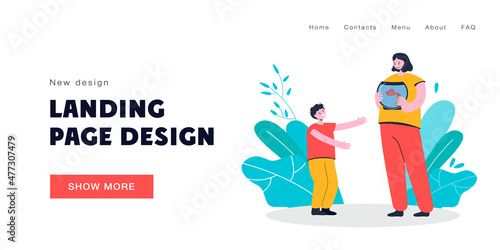 Mother presenting gold fish to son. Female character holding aquarium with fish, giving it to happy cheering boy. Present, domestic animals concept for banner, website design, landing web page