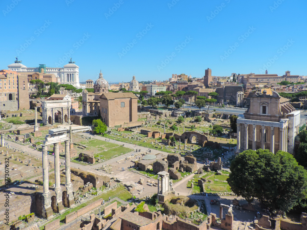 View of Foro Romano and it's many structures from viewpoint at Palatine Hill - Rome, Italy