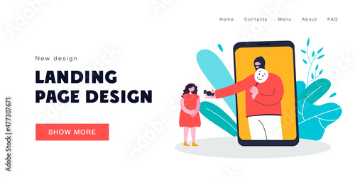 Online crime towards children vector illustration. Criminal man pretending to be someone else offering sweet to little girl from phone. Online crime concept for banner, website design or landing page