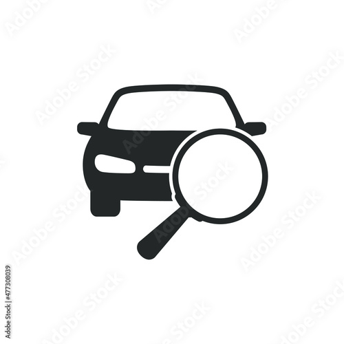 Magnifier glass on car graphic icon. Sign isolated on white background. Symbol of car searching and selling. Vector illustration