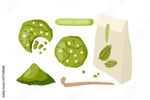 Matcha coookies with white chocolate drops. Homemade vegan japanese green tea cookies, baked pastries. Powder hill, paper bag, tea spoon. Vector flat illustration for cookie recipe. Healthy snack.