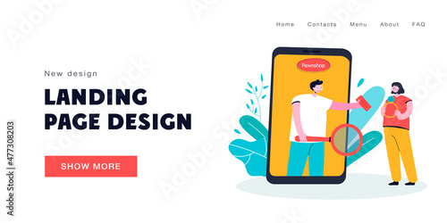 Girl selling her jewelry through online pawnshop. Man on mobile phone with magnifier buying gold ring during pandemic flat vector illustration. Lombard, deal, covid concept
