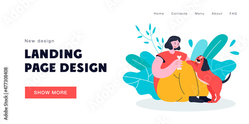 Happy girl sitting and feeding dog with bone. Woman playing, training puppy and giving treatment to pet flat vector illustration. Owner, friend concept for banner, website design or landing web page