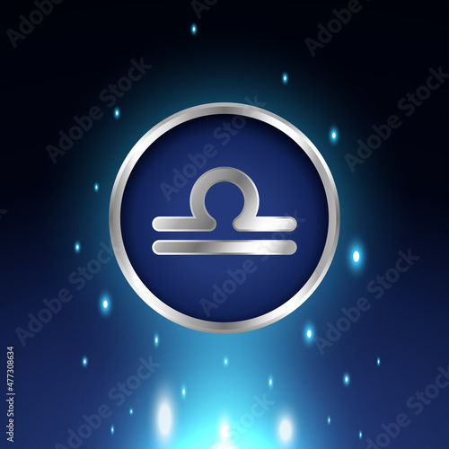 Astrological zodiac Libra symbols in light silver color around. Glowing collection of Astrology Zodiac Signs. Shining bright lights stars. Glowing shining metallic zodiac signs.