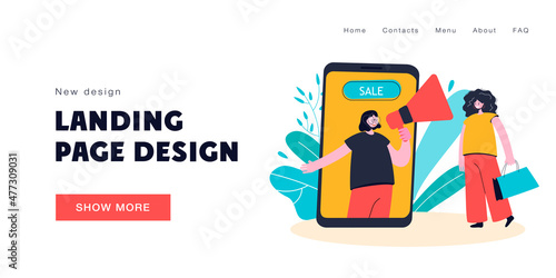 Woman shopping online at discounts flat vector illustration. Saleswoman with loudspeaker on phone screen reporting discounts. Sale, mobile app concept for banner, website design or landing web page