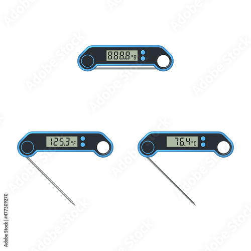 Foldable electronic kitchen thermometer with probe. Vector illustration.