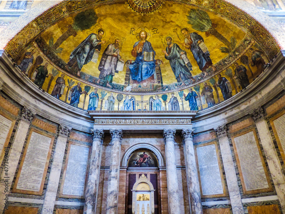 Rome, Italy, June 2017- closer view of a fresco inside the main altar of San Paolo Fuori le Mura, also known as St. Paul's outside the Walls