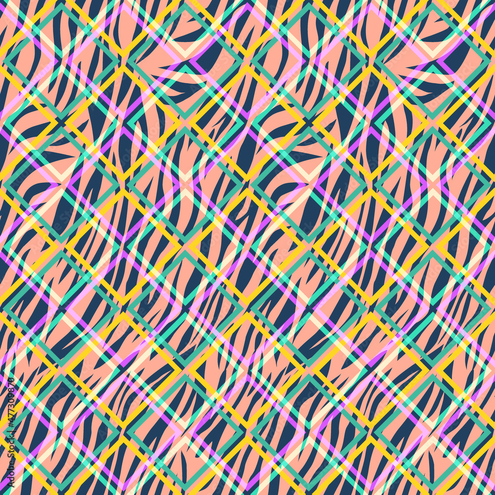 Diagonal Squares Plaid Pattern Abstract Zebra Stripes Seamless Design Trendy Fashion Colors Perfect for Allover Print Textile Concept Diagonal Squares Plaid Pattern Abstract Zebra Stripes Seamless Design Trendy Fashion Colors Perfect for Allover Print Textile Concept