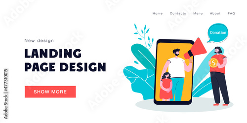 Dad and daughter asking for help in fundraising through mobile. Girl donating money online flat vector illustration. Donation, volunteer, support concept for banner, website design or landing web page