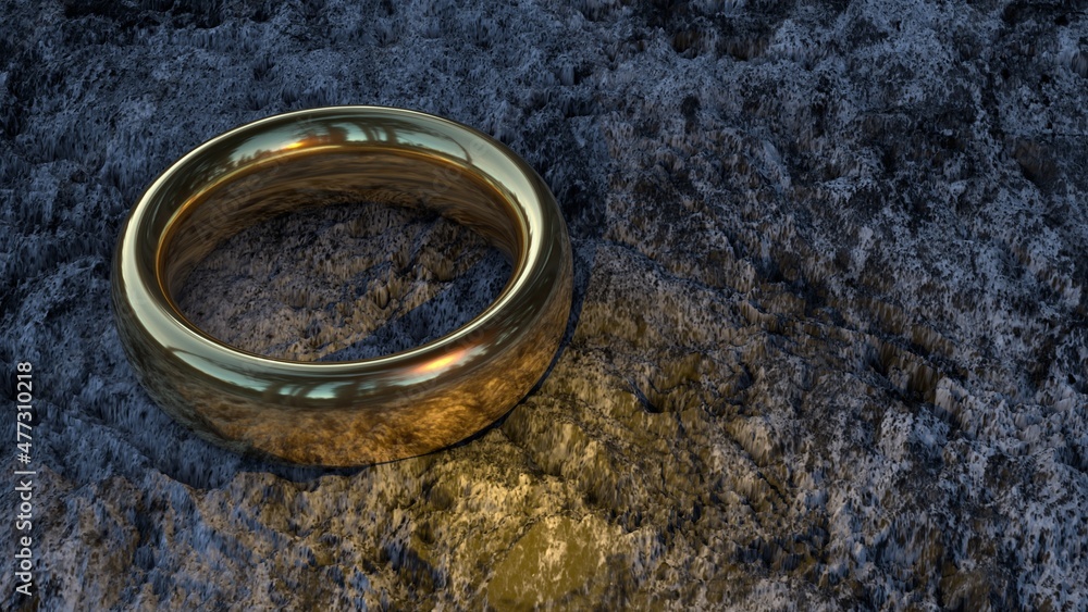 A golden wedding ring lies on the gray, dirty ground under the yellow glow. A yellow ray shines on a beautiful piece of jewelry that has been lost. 3D rendering. A golden wedding ring lies on the gray, dirty ground under the yellow glow. A yellow ray shines on a beautiful piece of jewelry that has been lost. 3D rendering.