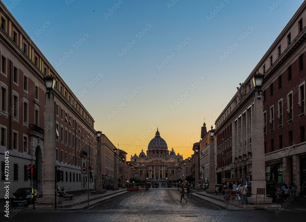Vatican City. Italy, June 2017 - Beautiful view of Basilica di San Pietro in the distance during a sunset 