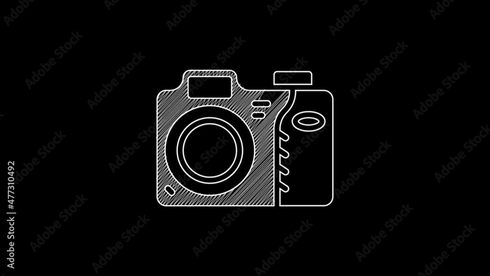 White line Photo camera icon isolated on black background. Foto camera icon. 4K Video motion graphic animation White line Photo camera icon isolated on black background. Foto camera icon. 4K Video motion graphic animation