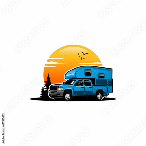 pick up camper truck, adventure truck illustration vector