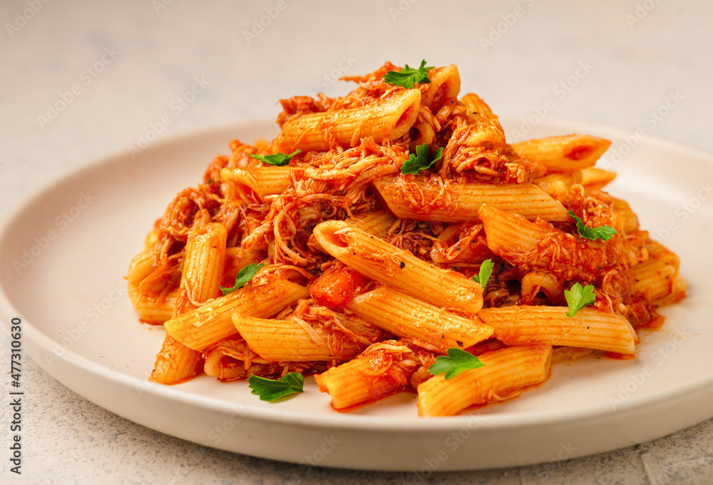 Plate CHICKEN PASTA Like an Italian close -up Plate CHICKEN PASTA Like an Italian close -up
