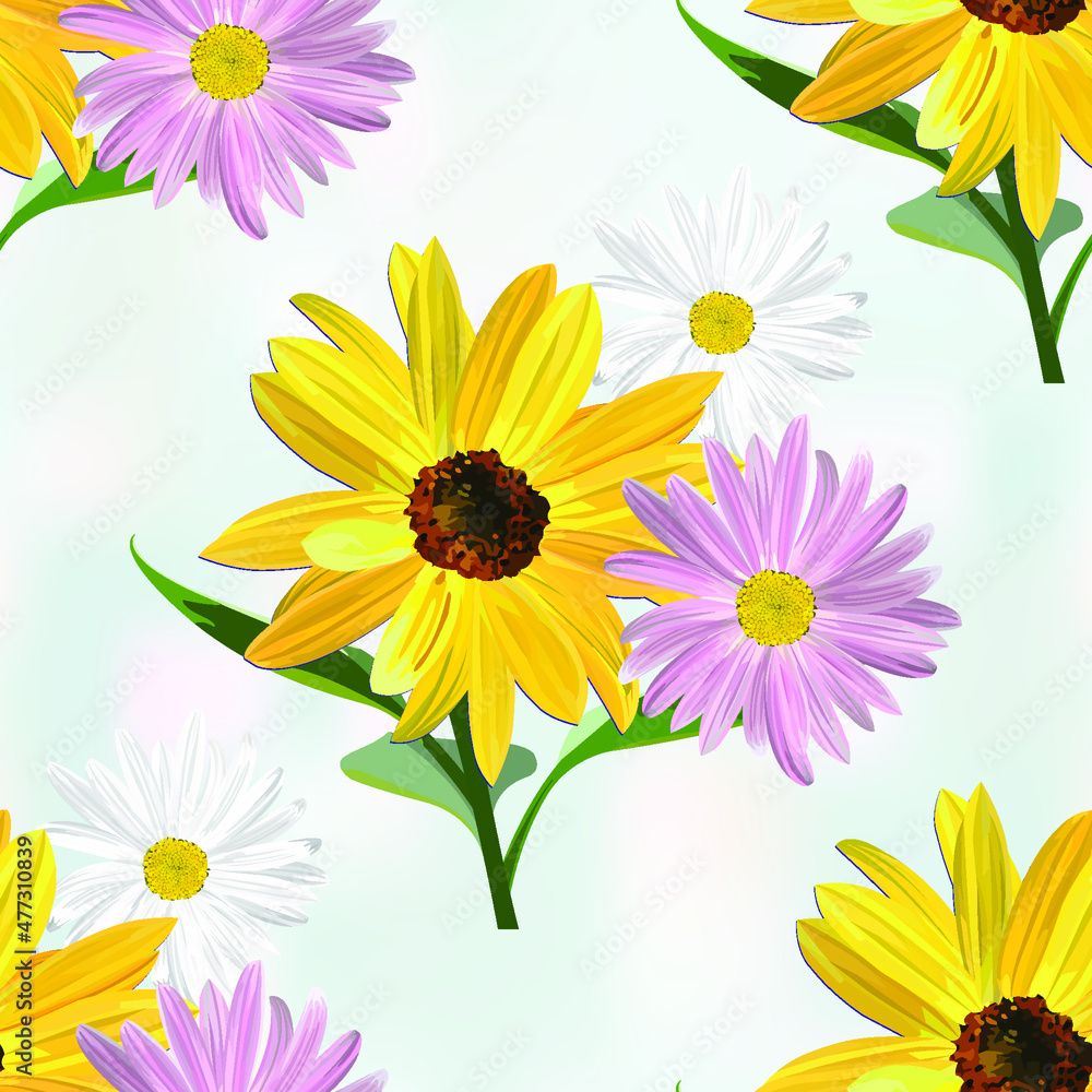Naklejka premium Sunflower pattern with daisies on light blue abstract background, seamless texture, vector