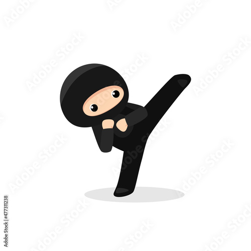 Cute ninja kicking striking high isolated on white background