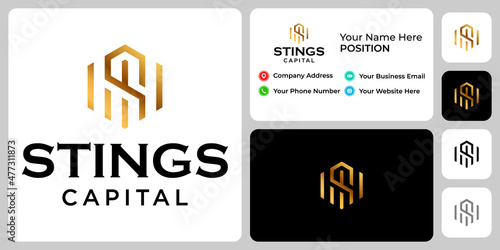 Letter S monogram capital investment logo design with business card template.