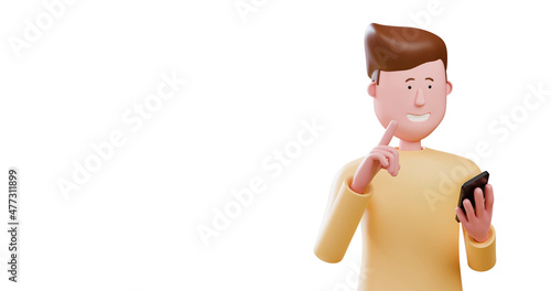 3d Cartoon man using smart phone technology. push a button.