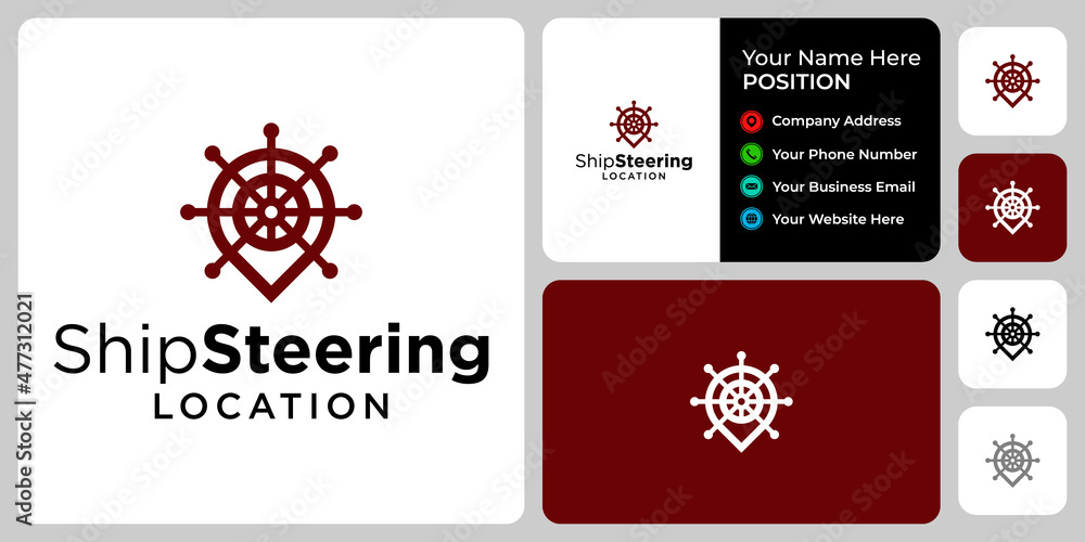 Abstract location and ship rudder logo design with business card template.