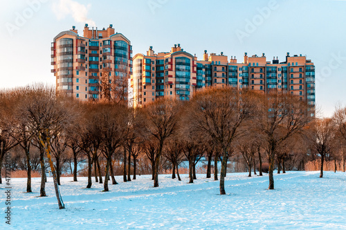 Urban landscape in winter frosty day.