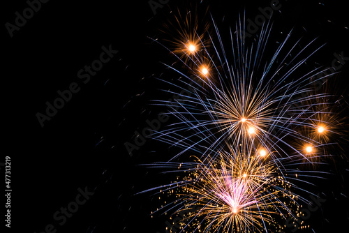 Bright fireworks in the night sky. New year celebration. Copy space.