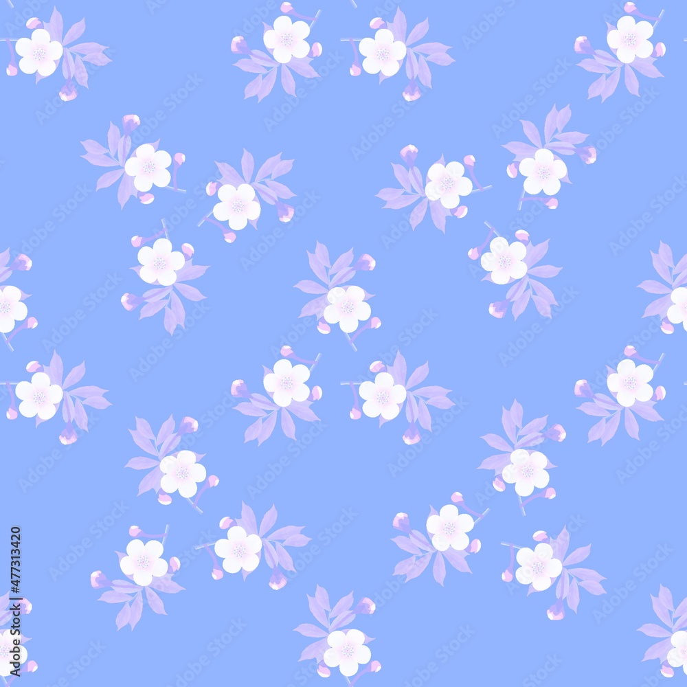 Triangular pattern of cherry blossoms in the form of a lattice in misty haze on a blue background, geometric pattern, seamless texture, vector