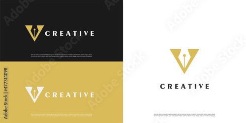 letter V logo pen design, Minimalist V initial based vector icon.	