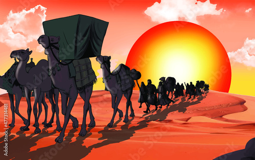 A caravan of camels traveling in the desert