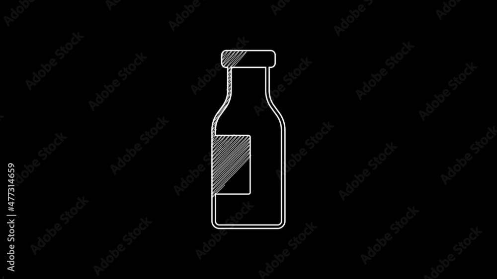 White line Closed glass bottle with milk icon isolated on black background. 4K Video motion graphic animation White line Closed glass bottle with milk icon isolated on black background. 4K Video motion graphic animation