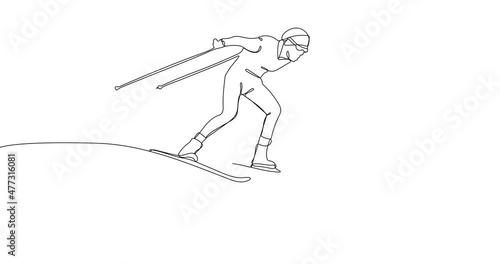 Animated continuous one line drawing of   skier athlete. Skiing competition. Winter season sport.