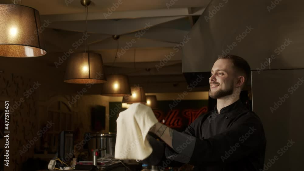 Professional chef cooker making pizza dough on the table in the restaurant 4K Professional chef cooker making pizza dough on the table in the restaurant 4K