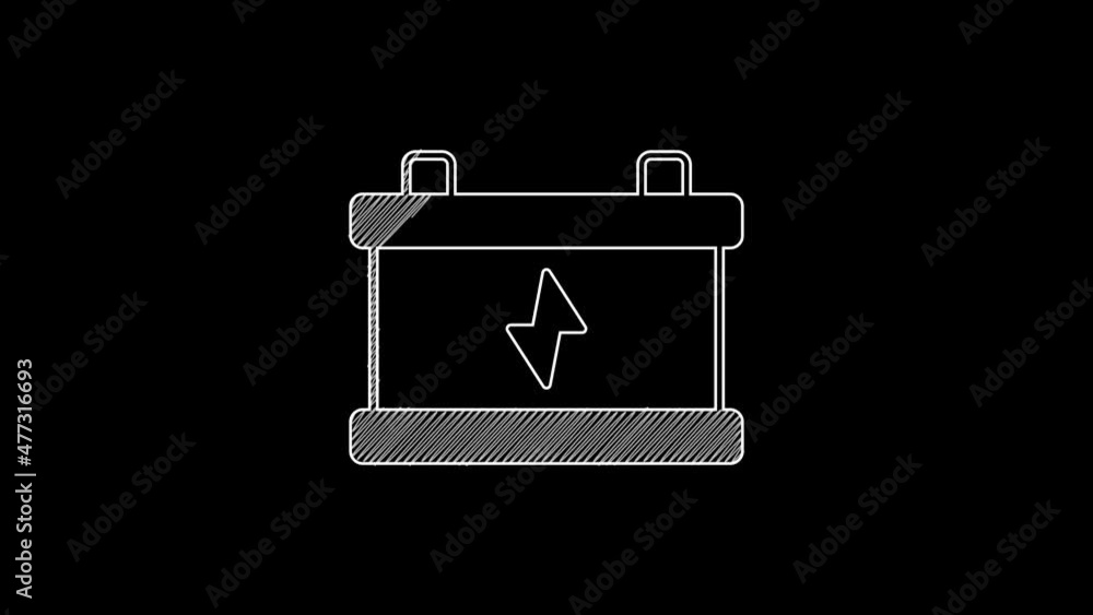 White line Car battery icon isolated on black background. Accumulator battery energy power and electricity accumulator battery. 4K Video motion graphic animation White line Car battery icon isolated on black background. Accumulator battery energy power and electricity accumulator battery. 4K Video motion graphic animation