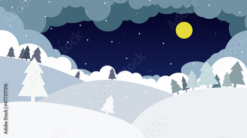 fir trees on the hills on a winter night against the sky with the moon and clouds