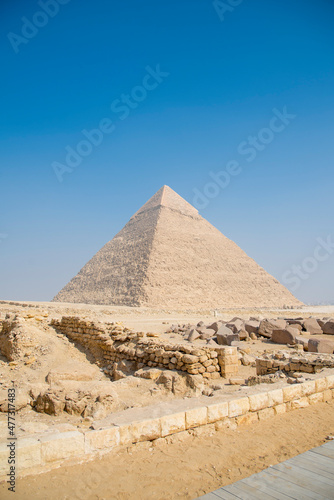 Landscape of the pyramids in the desert with blue sky in Giza  Egypt