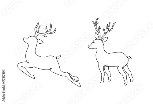 Deers  continuous line drawing  New Year banner. Minimal design. Template for Christmas flyers  greeting cards  neon  brochures. Isolated vector illustration.